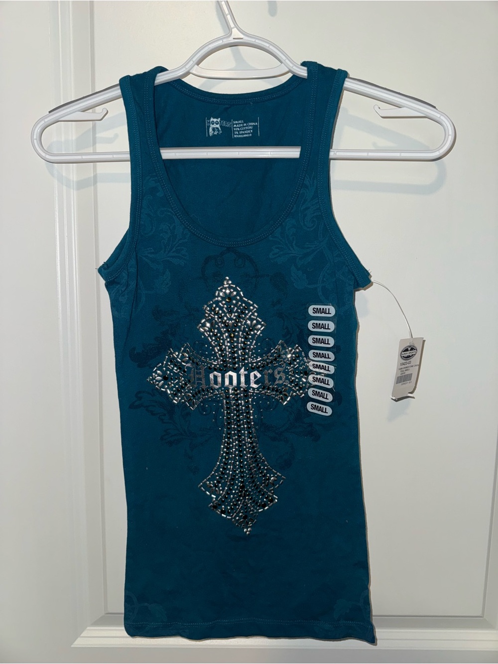 Hooters Teal Tank Top with Rhinestone Cross